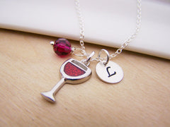 Glass of Wine Necklace – Sterling Silver with Birthstone & Initial Charm