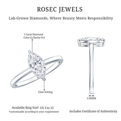 IGI Certified Lab Grown 1 Carat Diamond Marquise Engagement Ring Solitaire