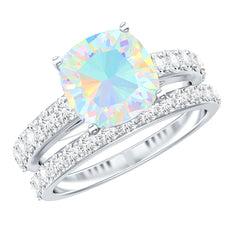 Certified Natural Ethiopian Opal Cushion Cut Engagement Ring with Wedding Band