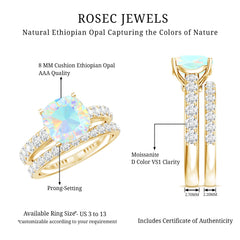 Certified Natural Ethiopian Opal Cushion Cut Engagement Ring with Wedding Band